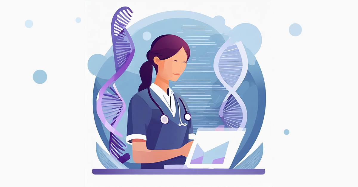 A partially AI-generated illustrated image of a female doctor at a computer surrounded by purple illustrated DNA double helixes that appear to be coming out of the computer.